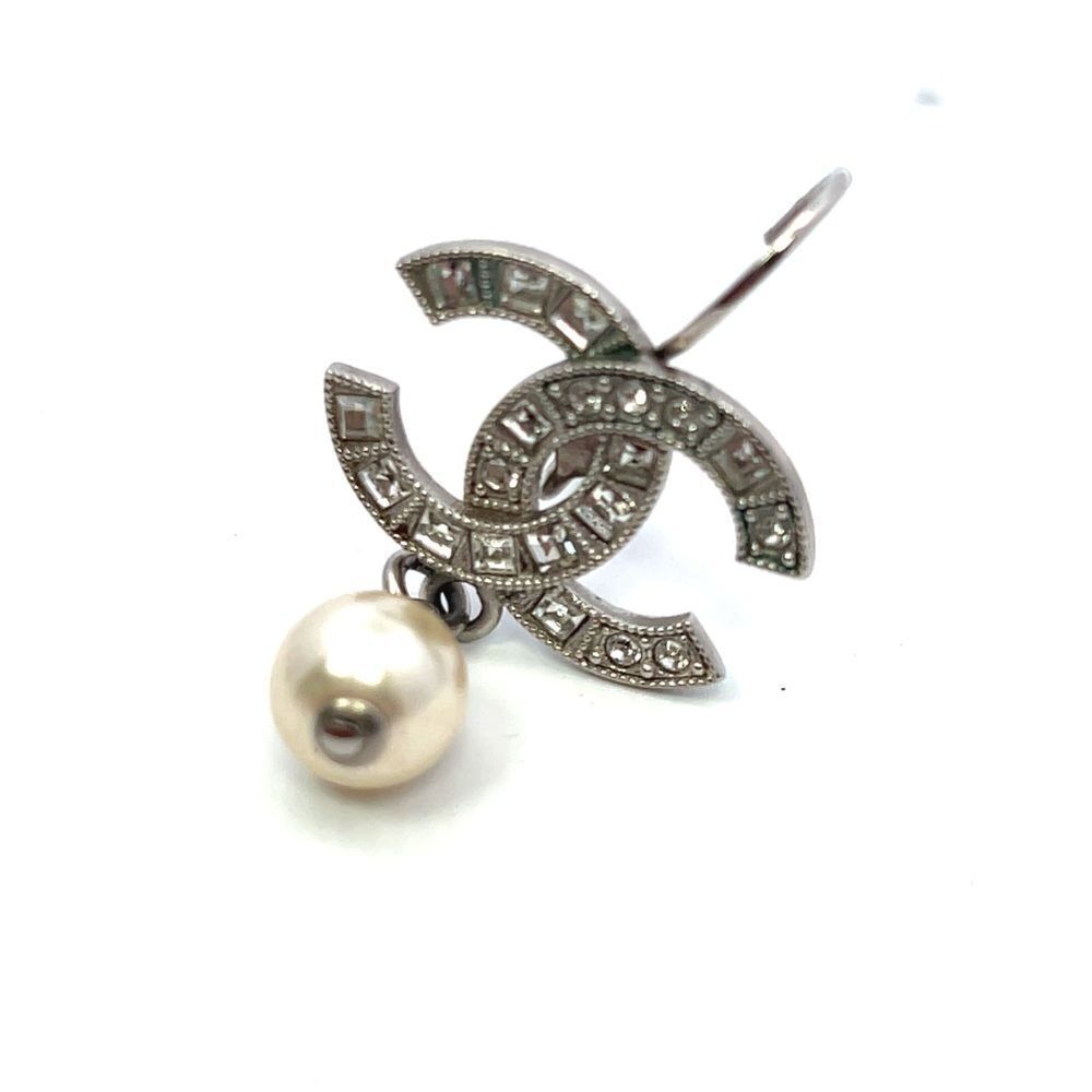 Chanel Chanel CC Faux Pearl & Crystal Silver Tone Drop Earrings